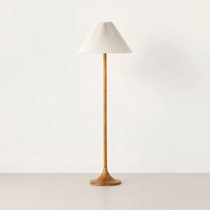 Nwt Wood Mid Tone Floor Lamp with Cotton Pleated Shade